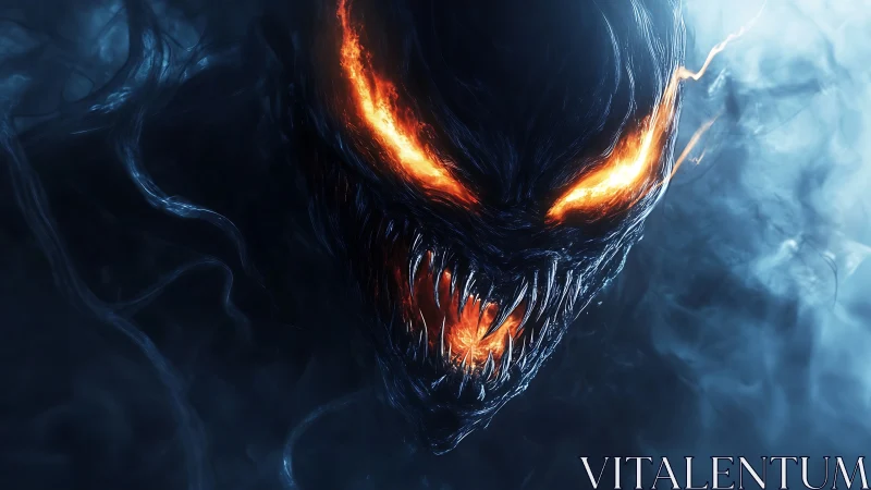 Demonic shadow creature with blazing eyes in smoke storm.