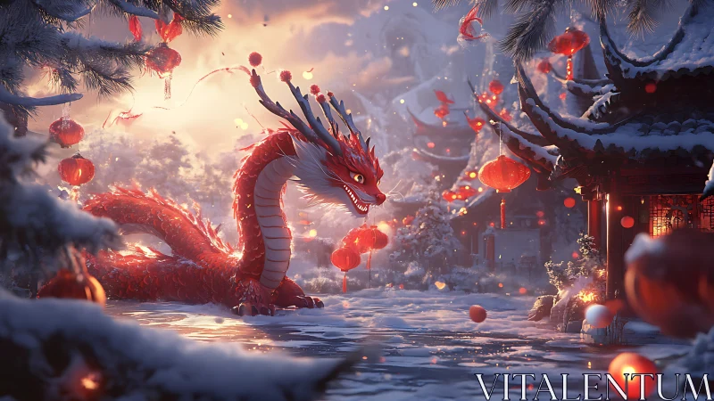Snowlit lantern dragon coiled in lunar new year twilight.