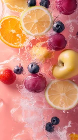 Citrus slices and whole fruits splash through pink water