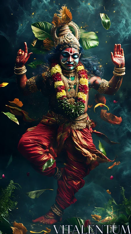 Figure in traditional Hindu attire performs dynamic dance pose