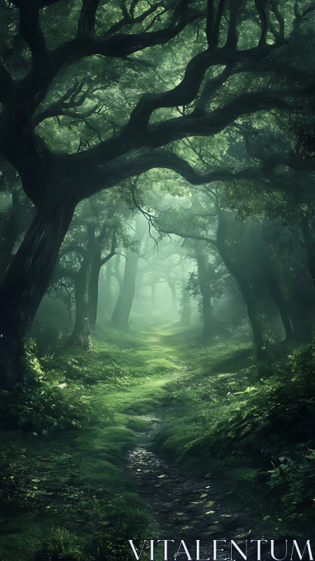 Luminous tunnel where ancient giants frame nature's glowing sanctuary