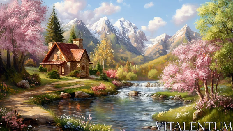 Cozy riverside cottage cradled by blossoms and mountains.