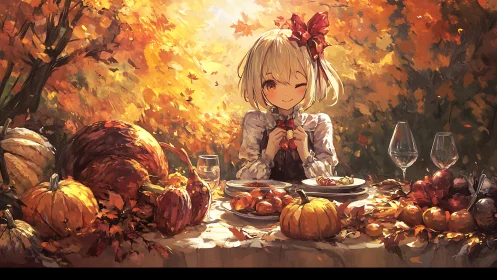 Autumn outdoor table scene with girl and arranged pumpkins.