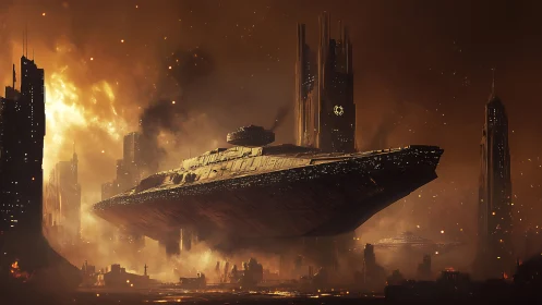 Massive star cruiser over burning dystopian megacity.