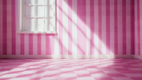 Pink striped interior with geometric sunlight shadows.