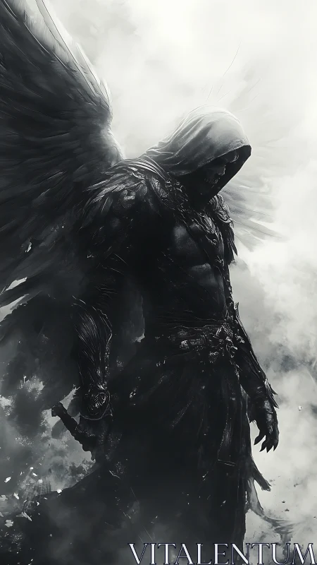 Hooded dark angel warrior in monochrome storm-lit mist.
