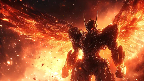 Fiery winged mech warrior stands in molten battlefield blaze.