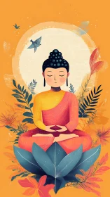 Digital painting of meditating Buddha in stylized floral mandala.