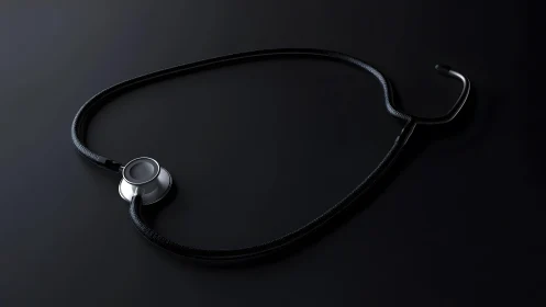 Modern stethoscope on matte black background, minimalist style.