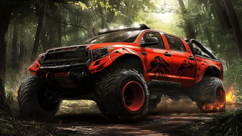 Aggressive off-road monster truck dominates a dense forest trail