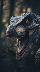 Photorealistic raptor head close-up with open jaw in forest