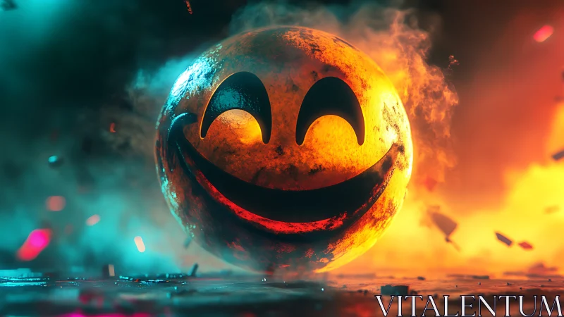 Smiling inferno sphere grins through neon smoke and sparks.