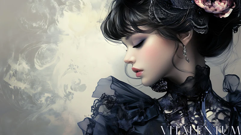 Victorian-inspired digital portrait with lace and florals.