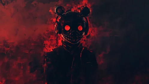 Silhouetted figure in mouse helmet amid red abstract field.