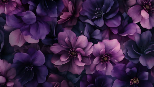 Purple peonies clustered in dramatic botanical arrangement.