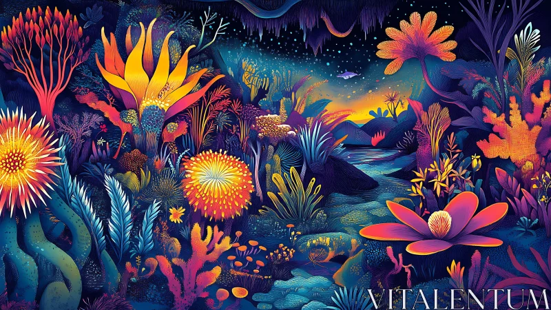 Luminous fantasy jungle glows under a dreamy twilight sky.