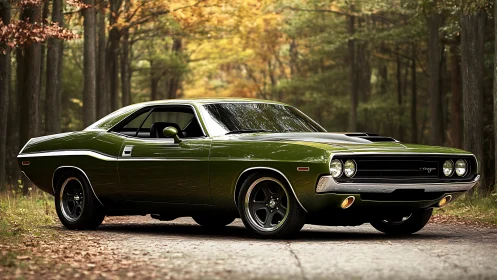 Metallic green muscle car rendered in a forest road scene