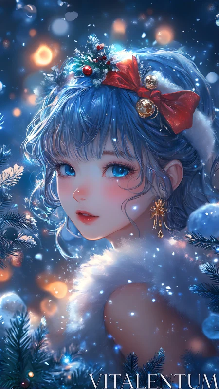 Snowlit anime girl in festive blue forest bokeh glow.