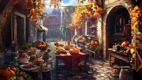 Medieval stone alleyway contains arranged autumn harvest feast