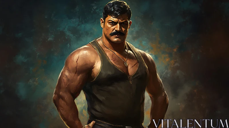 Muscular man in tank top stands against diffuse painted backdrop