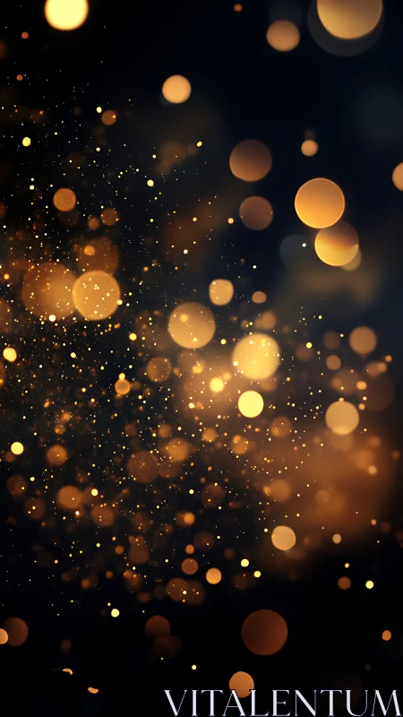 Golden bokeh particles drift through deep black void.