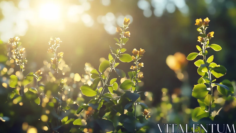 Backlit yellow flower buds in strong low evening sunlight