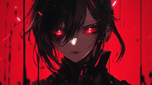 Red-lit anime portrait with glowing eyes and dark hair.