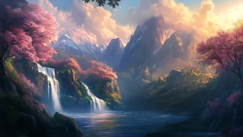 Dreamlike waterfall valley glows beneath towering sunrise peaks