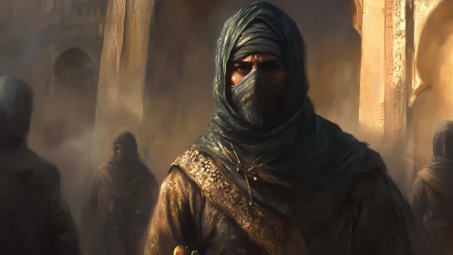 Mysterious desert wanderer in golden sunlit arches.