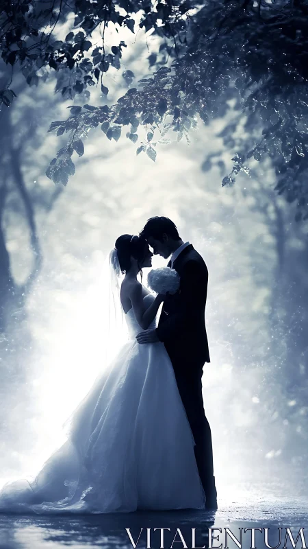 Backlit bridal silhouette in high-contrast forest atmosphere