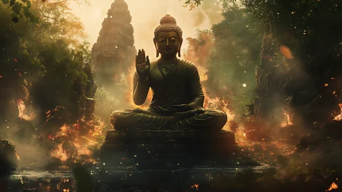 Buddha statue sits in jungle clearing amid controlled fires