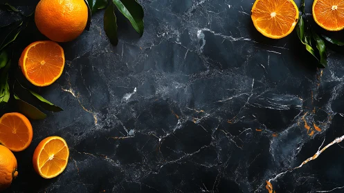 Halved oranges lie on dark marble surface with leaf accents