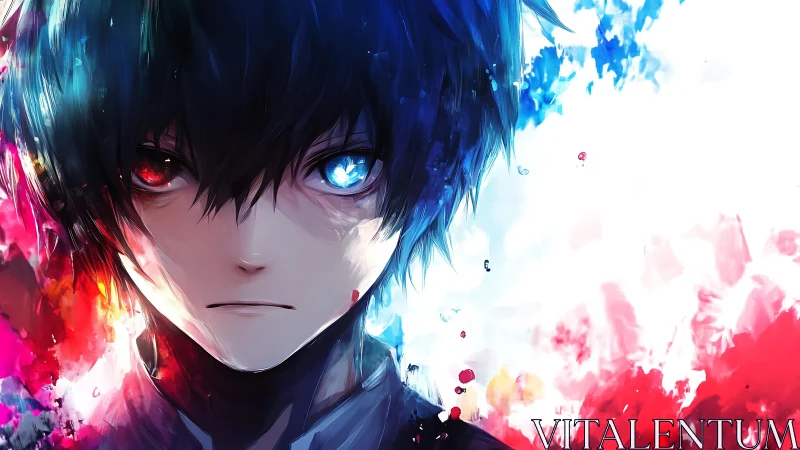 Intense anime boy portrait with split red and blue energy.