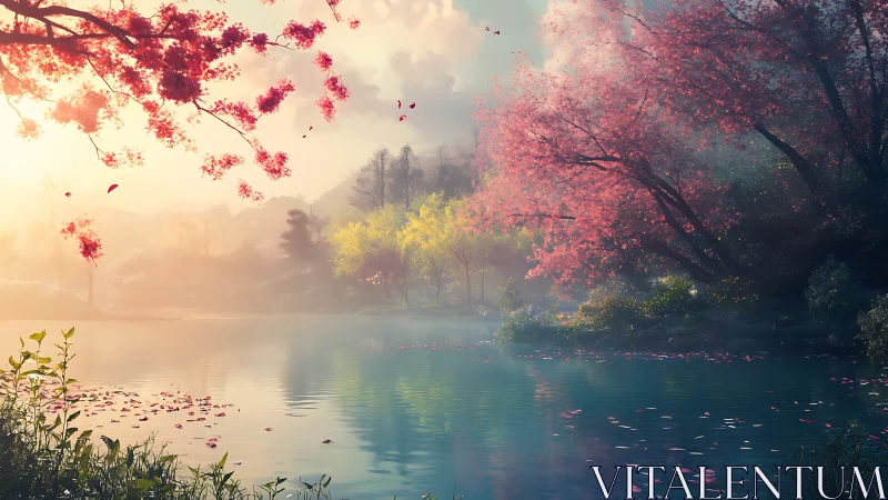 Silk-petal sunrise over a whispering cherry blossom lake.