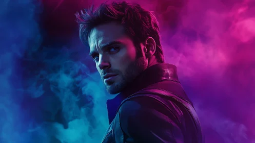 Moody male portrait in neon magenta and cyan fog lighting