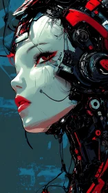 Side profile cyborg portrait merges human face and exposed tech