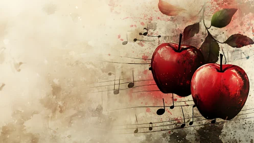 Lively red apples dancing with floating musical notes.