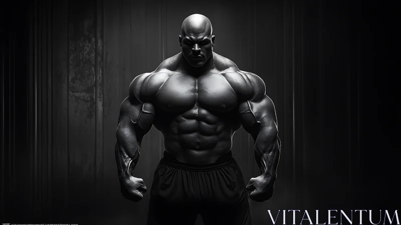 Ultra defined bodybuilder poses under dramatic rim light.