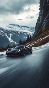 Carbon-black hypercar on alpine pass under winter storm sky