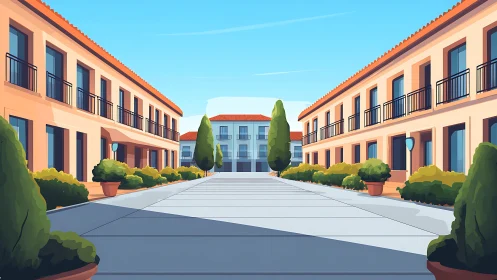 Symmetric courtyard with Mediterranean-style digital architecture.