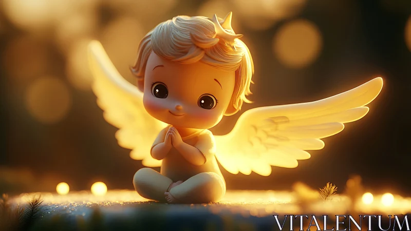 Luminous chibi angel child rendered in cinematic soft-focus bokeh