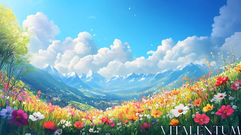 Vibrant alpine wildflower meadow under bright blue sky.