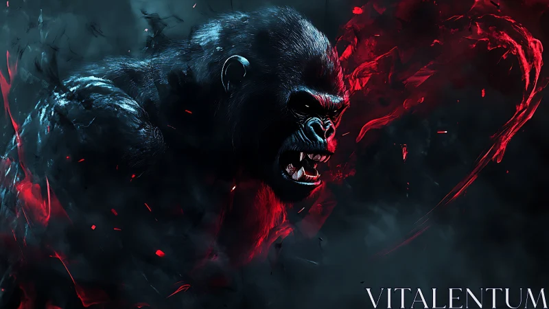 Snarling gorilla rendered in high-contrast neon infernal palette