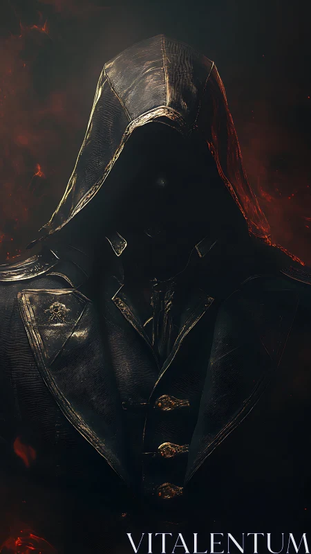 Hooded wraith in smoldering embers and burnished armor.