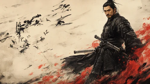 Storm-swept samurai stands strong amid swirling red ink