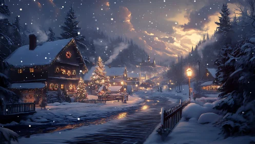Snow-covered alpine village street glows with festive lighting