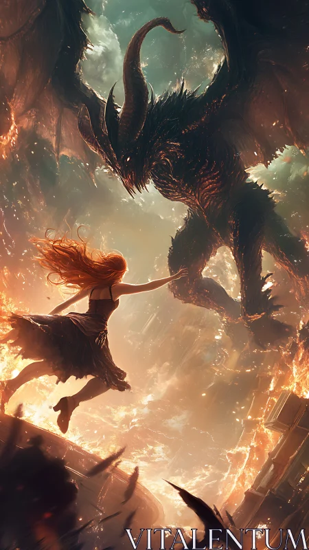 Woman confronts massive horned demon amid fiery ruins