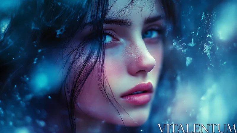 Ethereal blue portrait captures a wistful winter gaze.