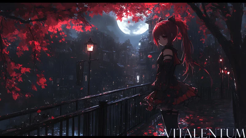 Moonlit gothic girl on rainy red maple street at night.