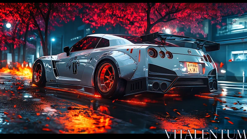 Modified sports car under neon red city trees at night.